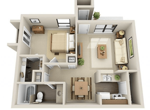 A 3D floor plan of a house with a kitchen, living room, dining room, and bathroom.